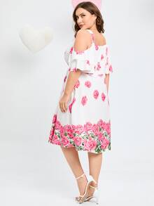 SHEIN Holidaya Vestido con estampado floral de hombros descubiertos ribete con fruncido - Blanco - Ver 4