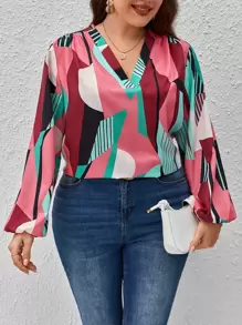 SHEIN LUNE Plus Striped & Geo Print Lantern Sleeve Blouse - Multicolor - View 1