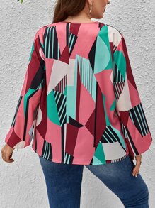 SHEIN LUNE Plus Striped & Geo Print Lantern Sleeve Blouse - Multicolor - View 2