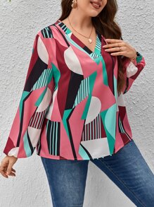 SHEIN LUNE Plus Striped & Geo Print Lantern Sleeve Blouse - Multicolor - View 3