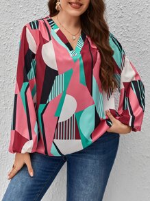 SHEIN LUNE Plus Striped & Geo Print Lantern Sleeve Blouse - Multicolor - View 5