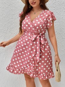 SHEIN VCAY 大碼波點圖案荷葉邊圍裹繫腰帶洋裝 - 藕粉色 - 查看 3