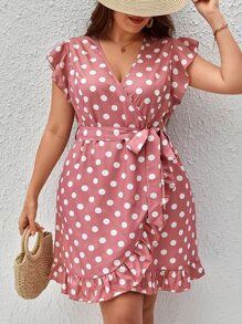 SHEIN VCAY 大碼波點圖案荷葉邊圍裹繫腰帶洋裝 - 藕粉色 - 查看 6
