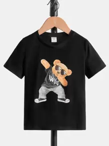 SHEIN Áo thun tay ngắn in hình gấu hoạt hình dễ thương thoải mái cho bé trai mùa hè - màu đen - Xem 5