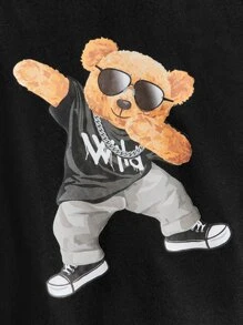 SHEIN Áo thun tay ngắn in hình gấu hoạt hình dễ thương thoải mái cho bé trai mùa hè - màu đen - Xem 4