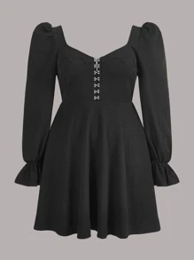 ROMWE PUNK Plus Hook And Eye Flounce Sleeve Dress - Black - View 1