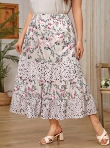 SHEIN VCAY Plus Floral Print Ruffle Hem Skirt - Multicolor - View 1