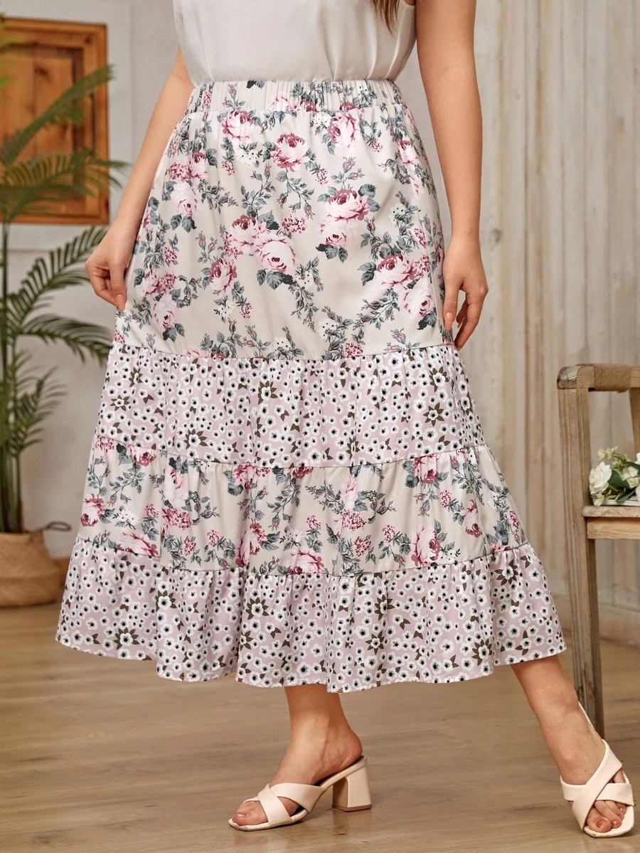 SHEIN VCAY Plus Floral Print Ruffle Hem Skirt - Multicolor - View 1