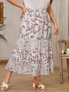 SHEIN VCAY Plus Floral Print Ruffle Hem Skirt - Multicolor - View 4