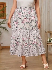 SHEIN VCAY Plus Floral Print Ruffle Hem Skirt - Multicolor - View 5