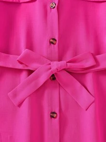Tween Girl Flap Detail Button Front Belted Shirt Dress - Hot Pink - View 6
