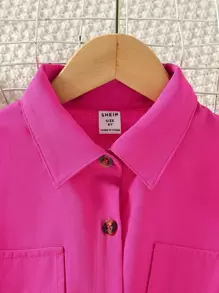 Tween Girl Flap Detail Button Front Belted Shirt Dress - Hot Pink - View 5