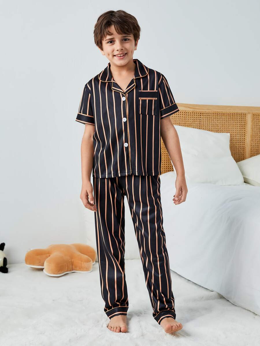 Tween Boys Striped Short Sleeve Shirt And Long Pants Homewear - Black - View 1