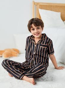 Tween Boys Striped Short Sleeve Shirt And Long Pants Homewear - Black - View 3