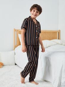 Tween Boys Striped Short Sleeve Shirt And Long Pants Homewear - Black - View 4