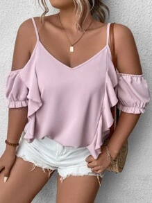 SHEIN Holidaya Plus Cold Shoulder Ruffle Trim Blouse - Baby Pink - View 5