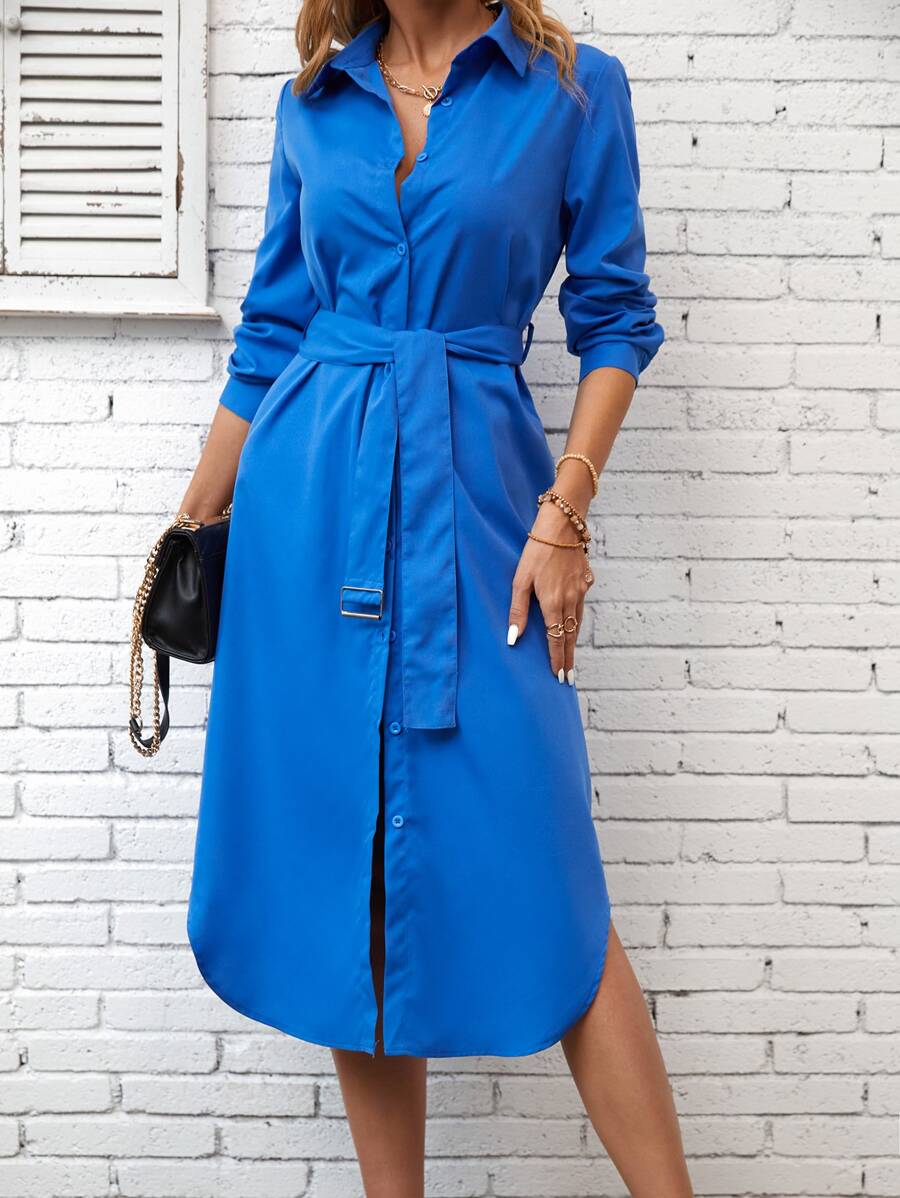 INAWLY Solid Button Front Belted Shirt Dress - Blue - View 1