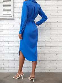 INAWLY Solid Button Front Belted Shirt Dress - Blue - View 2