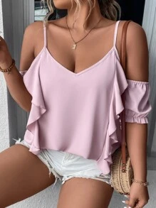 SHEIN Holidaya Plus Cold Shoulder Ruffle Trim Blouse - Baby Pink - View 7