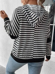 SHEIN LUNE Plus Striped Print Hooded Sweatshirt - Black and White - View 2