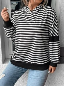 SHEIN LUNE Plus Striped Print Hooded Sweatshirt - Black and White - View 3