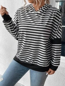 SHEIN LUNE Plus Striped Print Hooded Sweatshirt - Black and White - View 4