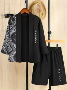 SHEIN 男孩佩斯利和日文字元圖案和服罩衫和短褲