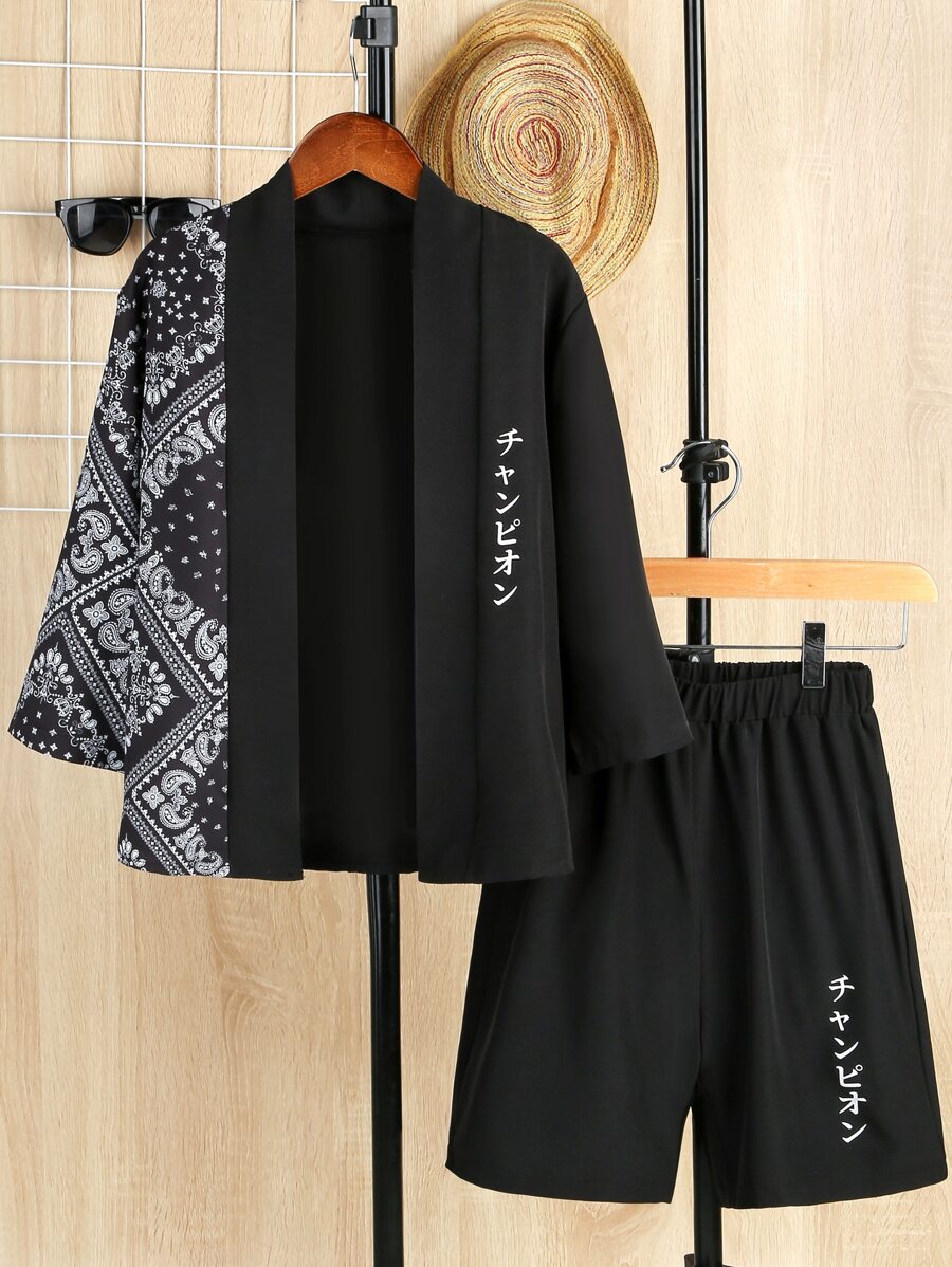 SHEIN 男孩佩斯利和日文字元圖案和服罩衫和短褲