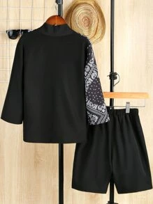 SHEIN 男孩佩斯利和日文字元圖案和服罩衫和短褲