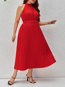 SHEIN Privé Vestido de cuello halter bajo fruncido - Rojo - Ver 3