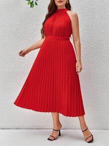 SHEIN Privé Vestido de cuello halter bajo fruncido - Rojo - Ver 4