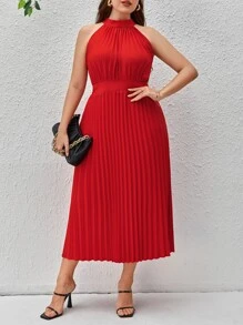 SHEIN Privé Vestido de cuello halter bajo fruncido - Rojo - Ver 6