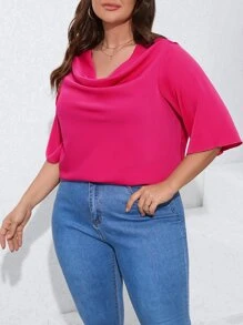 Celure Plus Draped Collar Solid Blouse - Hot Pink - View 1
