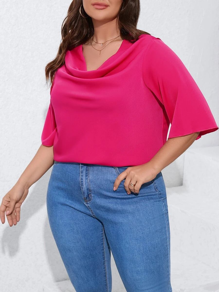 Celure Plus Draped Collar Solid Blouse - Hot Pink - View 1