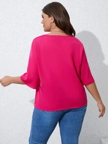 Celure Plus Draped Collar Solid Blouse - Hot Pink - View 2