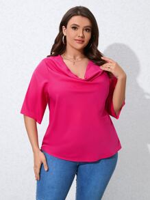 Celure Plus Draped Collar Solid Blouse - Hot Pink - View 5