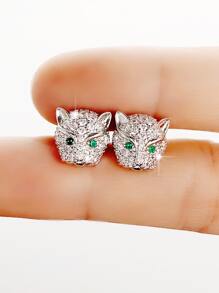 Cubic Zirconia Decor Leopard Design Stud Earrings - Silver - View 2
