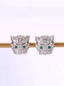 Cubic Zirconia Decor Leopard Design Stud Earrings - Silver - View 3
