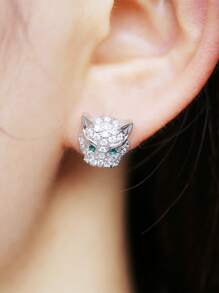 Cubic Zirconia Decor Leopard Design Stud Earrings - Silver - View 4