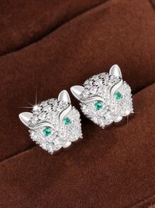 Cubic Zirconia Decor Leopard Design Stud Earrings - Silver - View 6