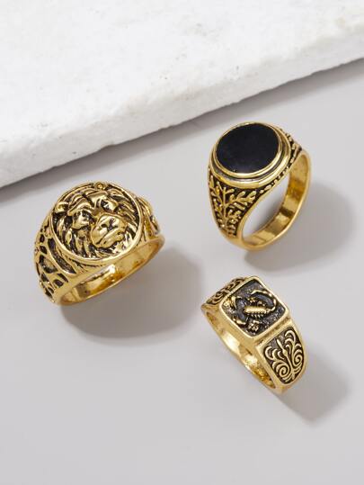 Fashionable and Popular 3pcs Men Lion Head Decor Ring Alloy for Jewelry Gift and for a Stylish Look