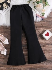 SHEIN 少女字母拼布喇叭裤，时尚街头风格，字母装饰，高腰喇叭裤，舒适袖子 - 黑色 - 查看 2