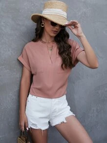 SHEIN LUNE 缺口領蝙蝠袖口袋貼布襯衫 - 粉色 - 查看 6