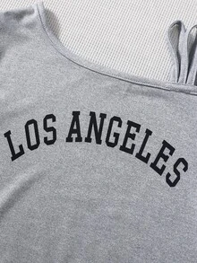 Girls Letter Graphic Asymmetrical Neck Tee - Grey - View 4