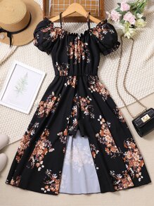 Tween Girl Floral Print Cold Shoulder Frill Trim Overlay Hem Romper