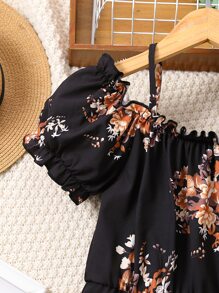 Tween Girl Floral Print Cold Shoulder Frill Trim Overlay Hem Romper