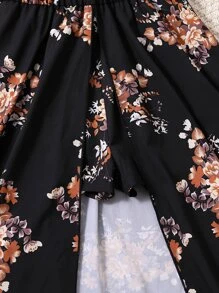Tween Girl Floral Print Cold Shoulder Frill Trim Overlay Hem Romper
