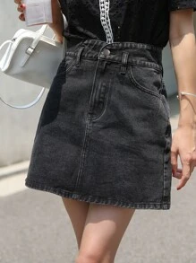 DAZY Solid A-Line Denim Skirt Jeans Skirt - Black - View 4
