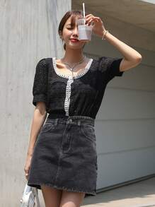 DAZY Solid A-Line Denim Skirt Jeans Skirt - Black - View 6