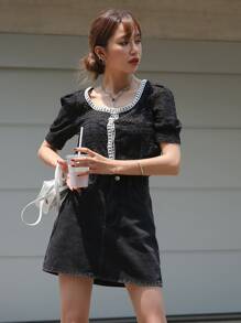 DAZY Solid A-Line Denim Skirt Jeans Skirt - Black - View 8